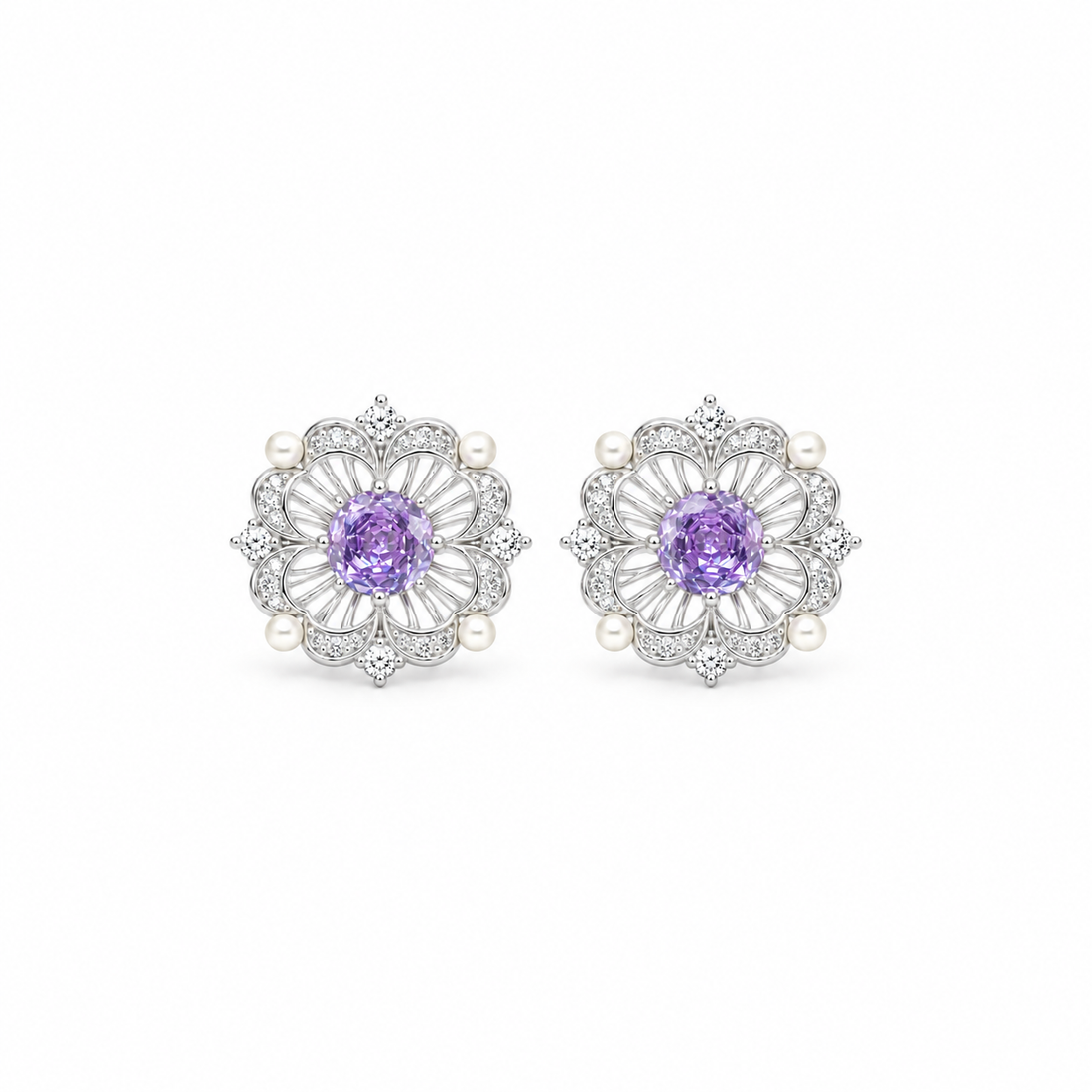Violet Blossom Pearl Accent Stud Earrings