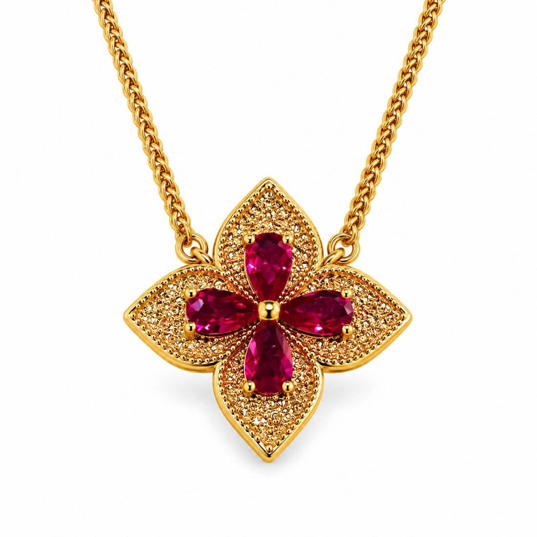 Crimson Blossom Gold-Tone Pendant Necklace Description
