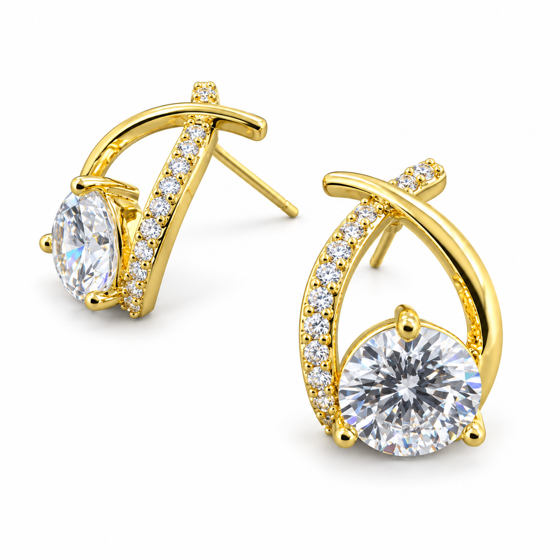 Golden Crossover Solitaire Stud Earrings