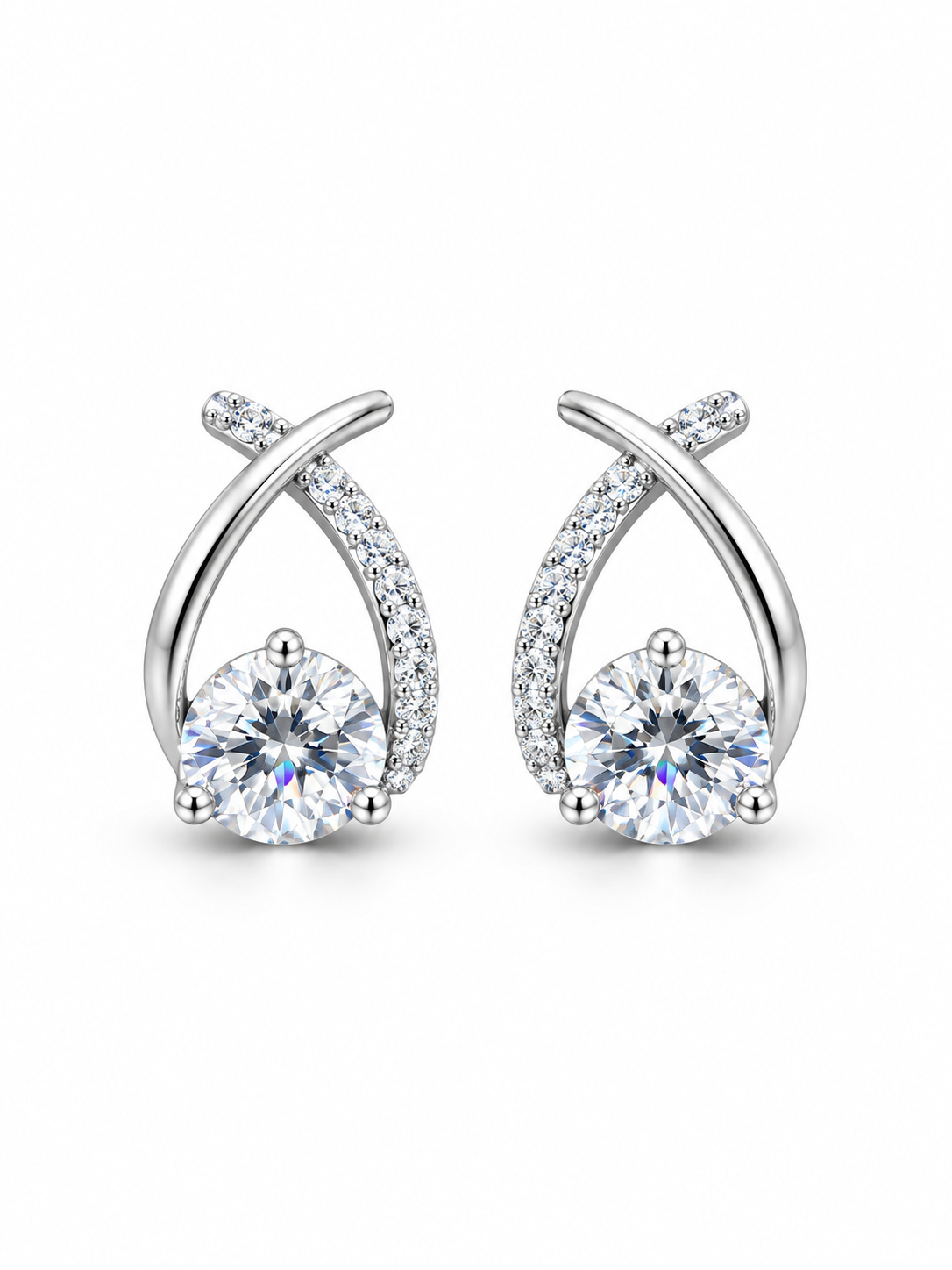 Silver Crossover Solitaire Stud Earrings