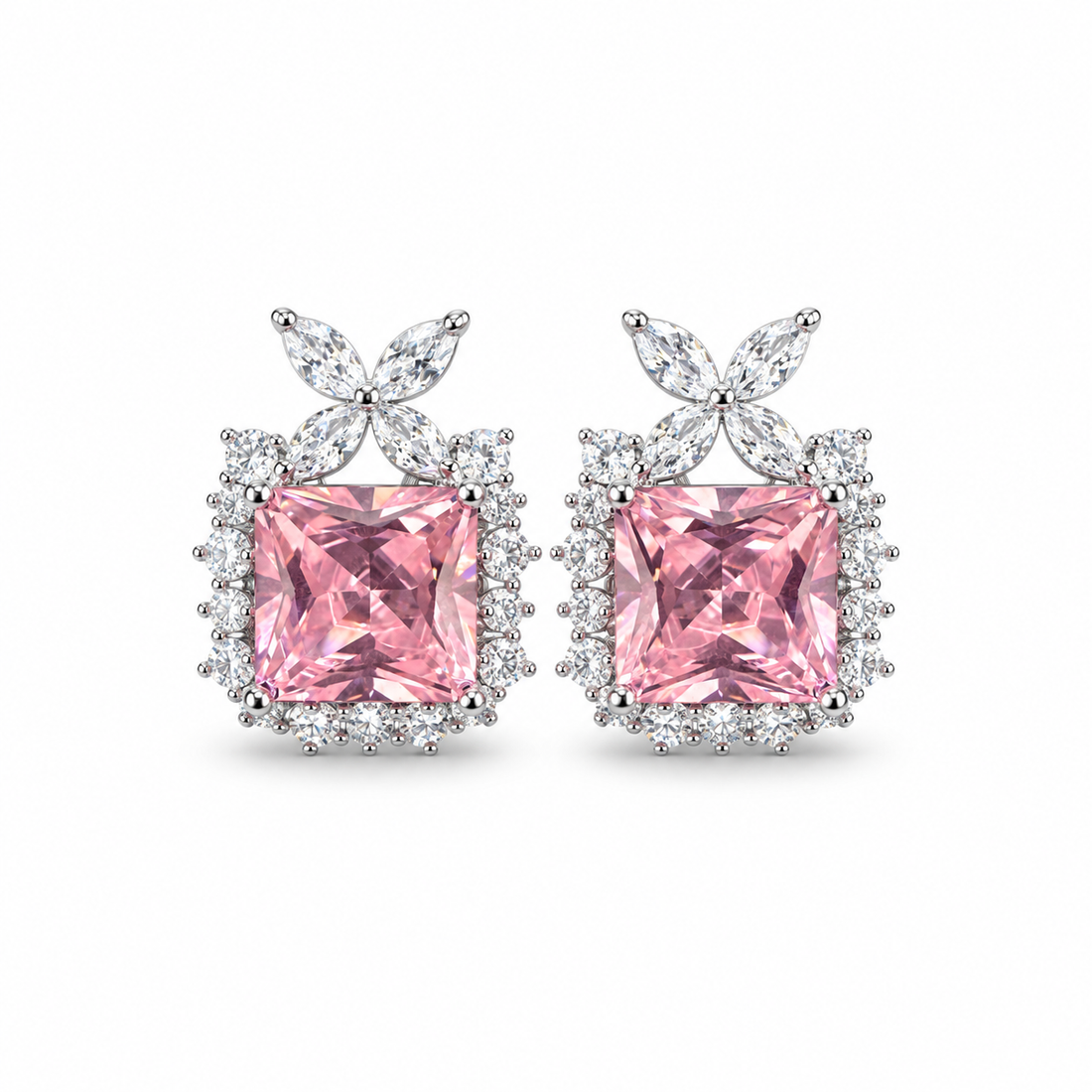 Pink Blossom Square Halo Stud Earrings