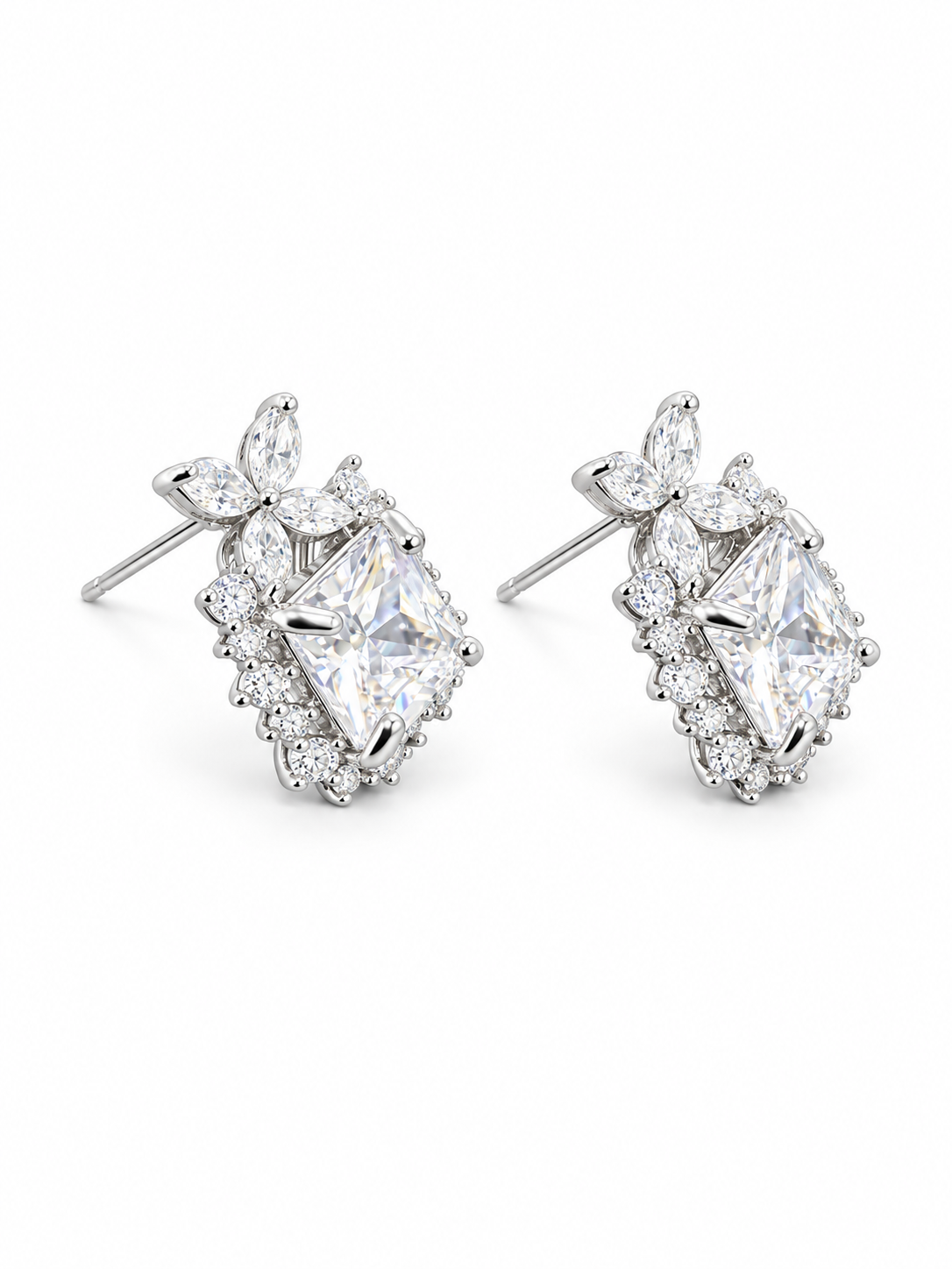 Silver Blossom Square Halo Stud Earrings