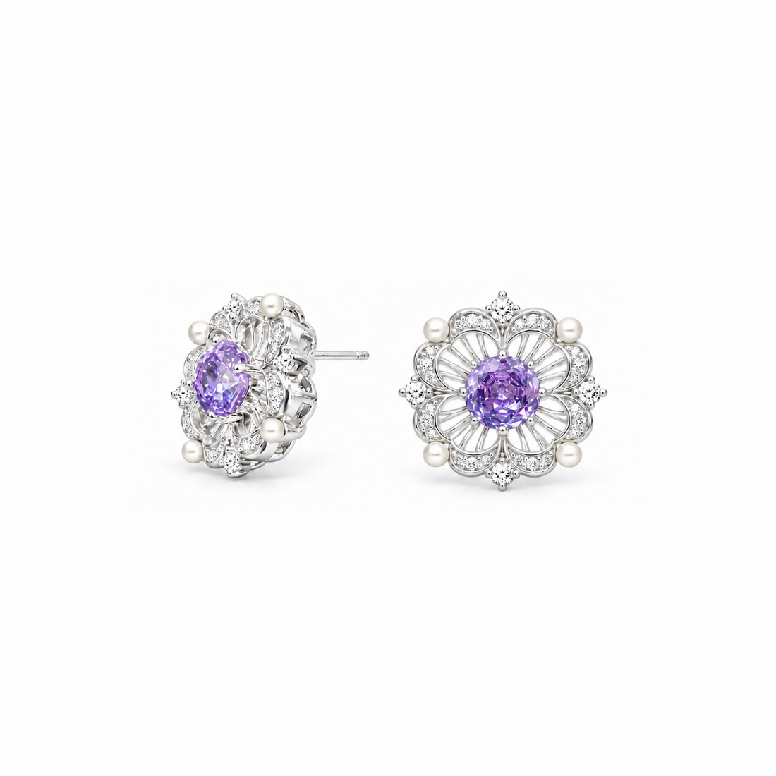Violet Blossom Pearl Accent Stud Earrings