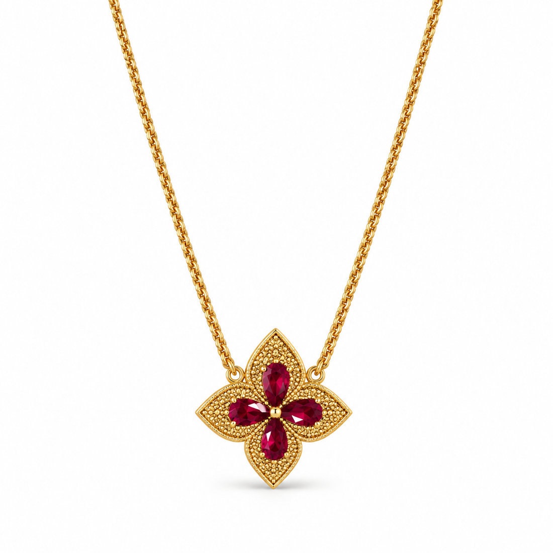 Crimson Blossom Gold-Tone Pendant Necklace Description
