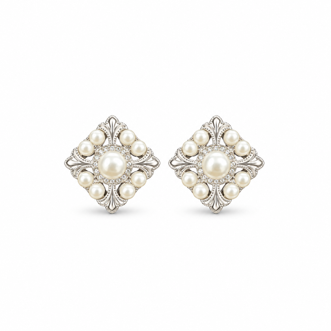 Vintage-Inspired Pearl & Filigree Square Stud Earrings