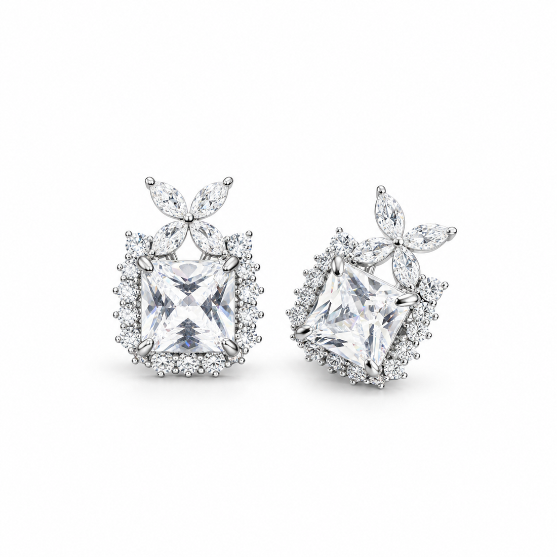 Silver Blossom Square Halo Stud Earrings