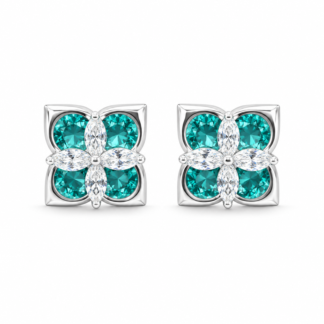 Teal Blossom Marquise Floral Stud Earrings