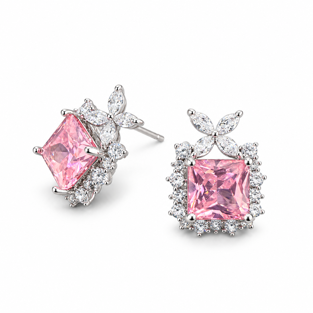 Pink Blossom Square Halo Stud Earrings