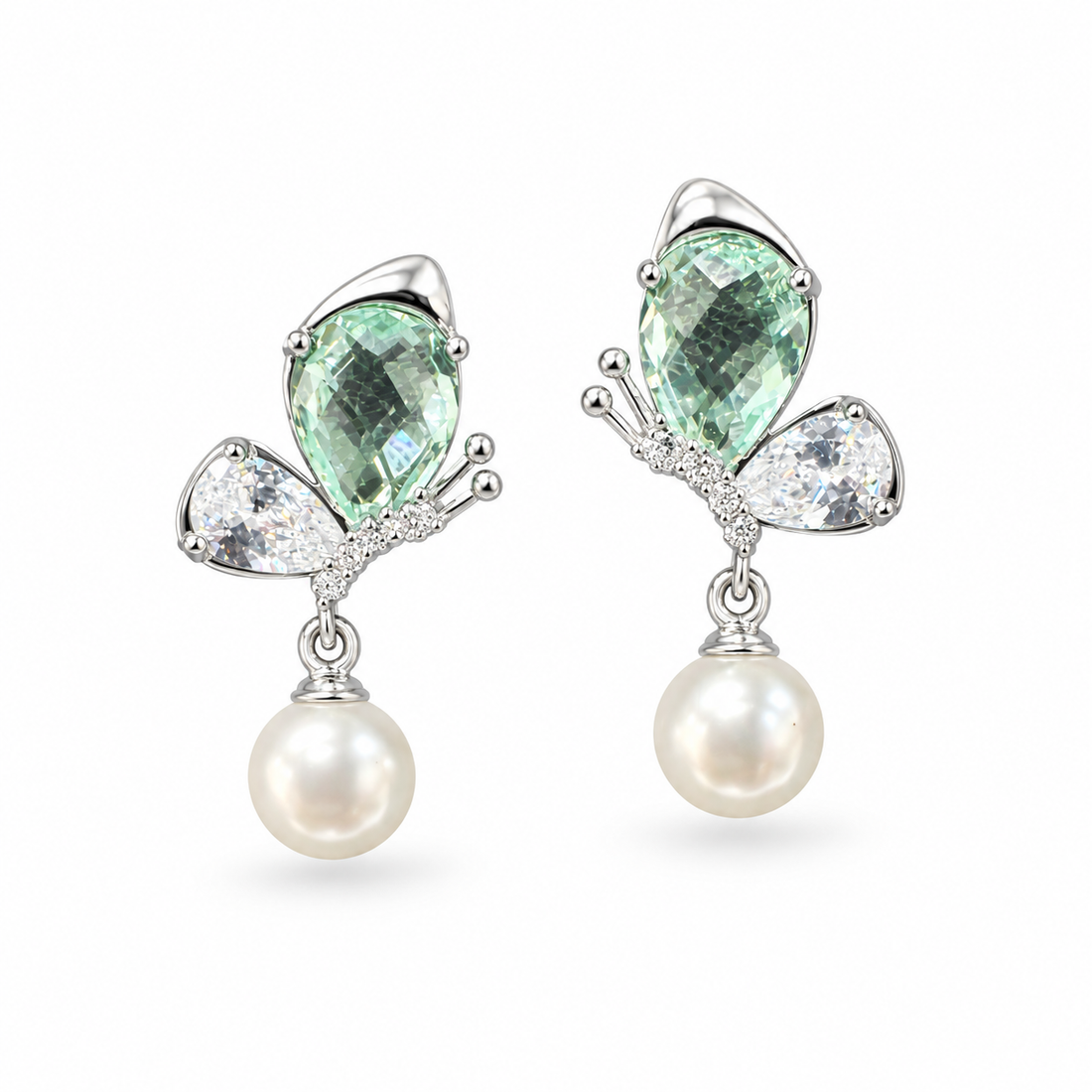 Mint Butterfly Pearl Drop Earrings