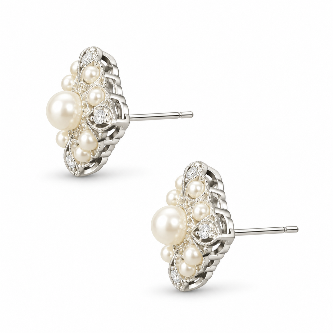 Vintage-Inspired Pearl & Filigree Square Stud Earrings
