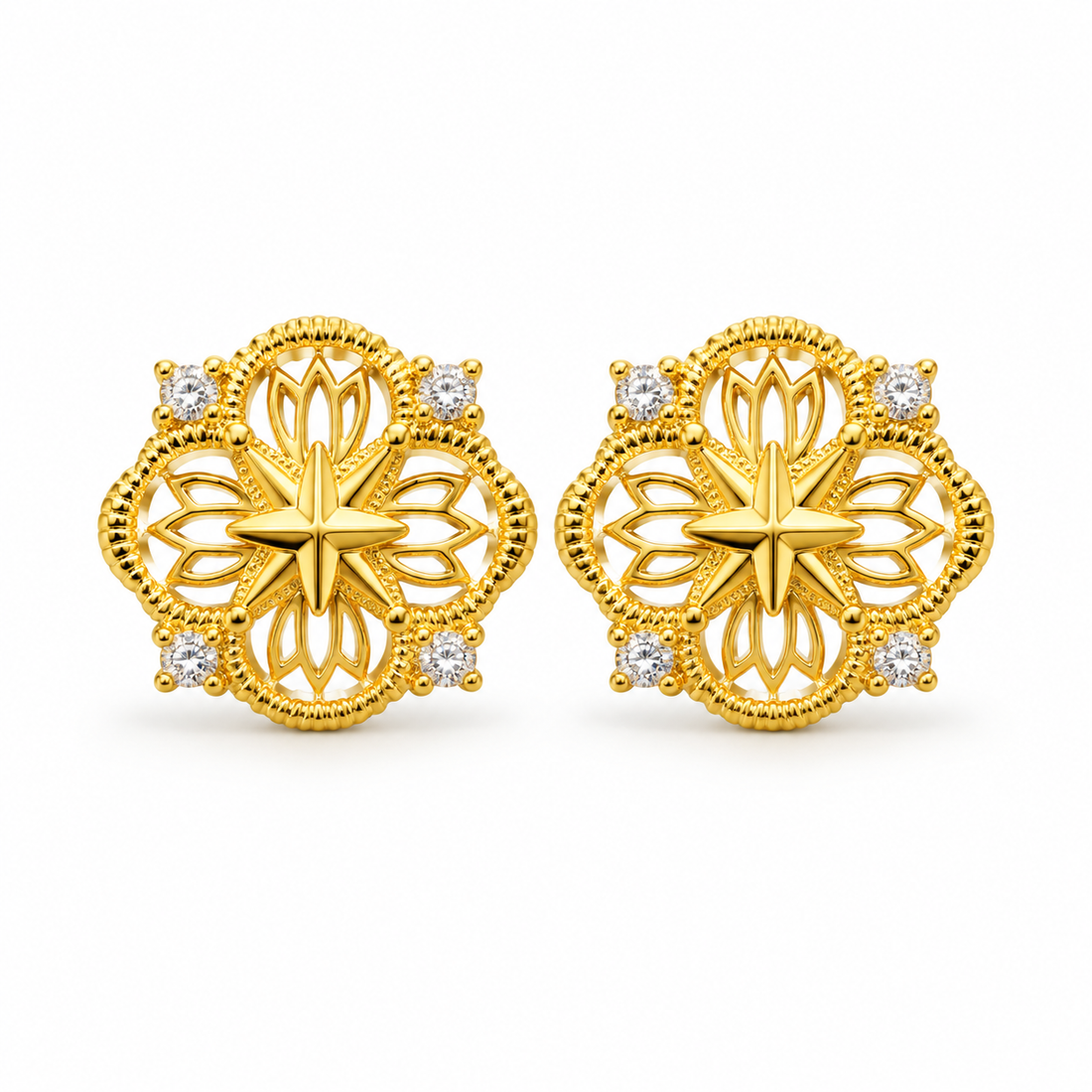 Golden Star Filigree Floral Stud Earrings