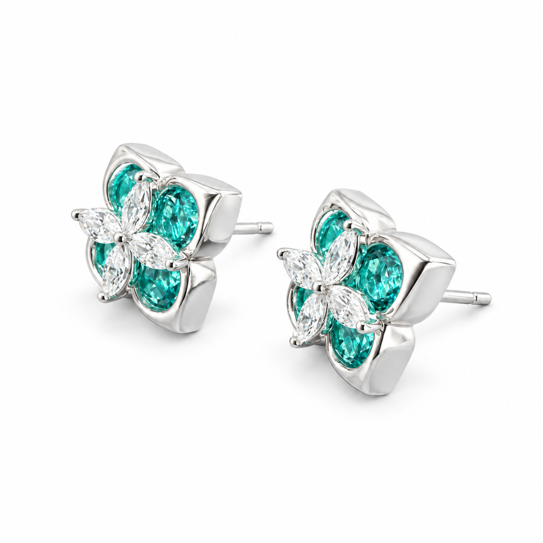 Teal Blossom Marquise Floral Stud Earrings