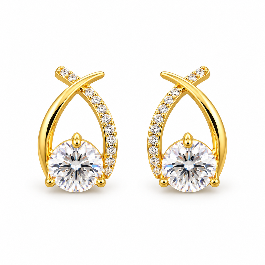 Golden Crossover Solitaire Stud Earrings