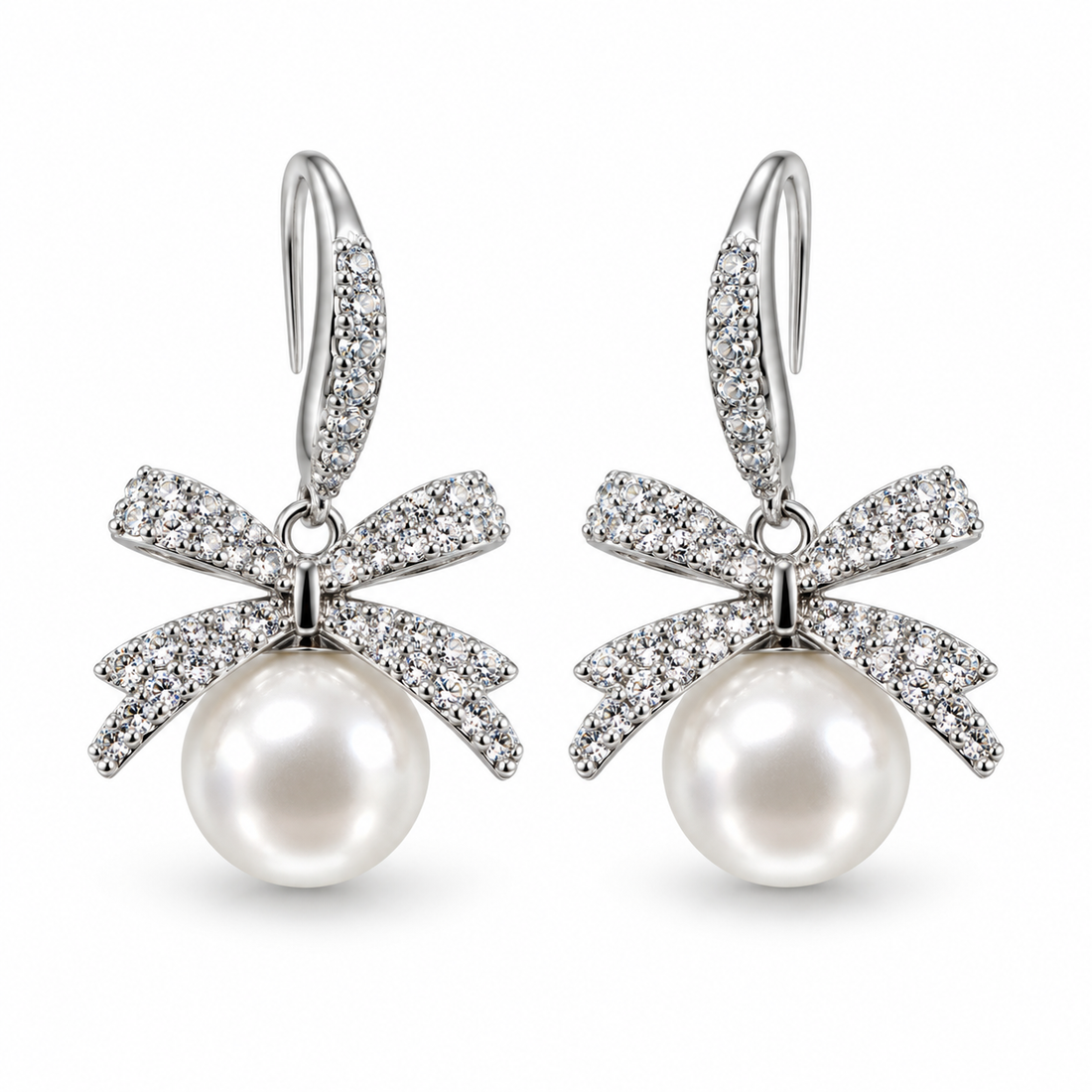 Sparkling Ribbon Bow Pearl Drop Earrings